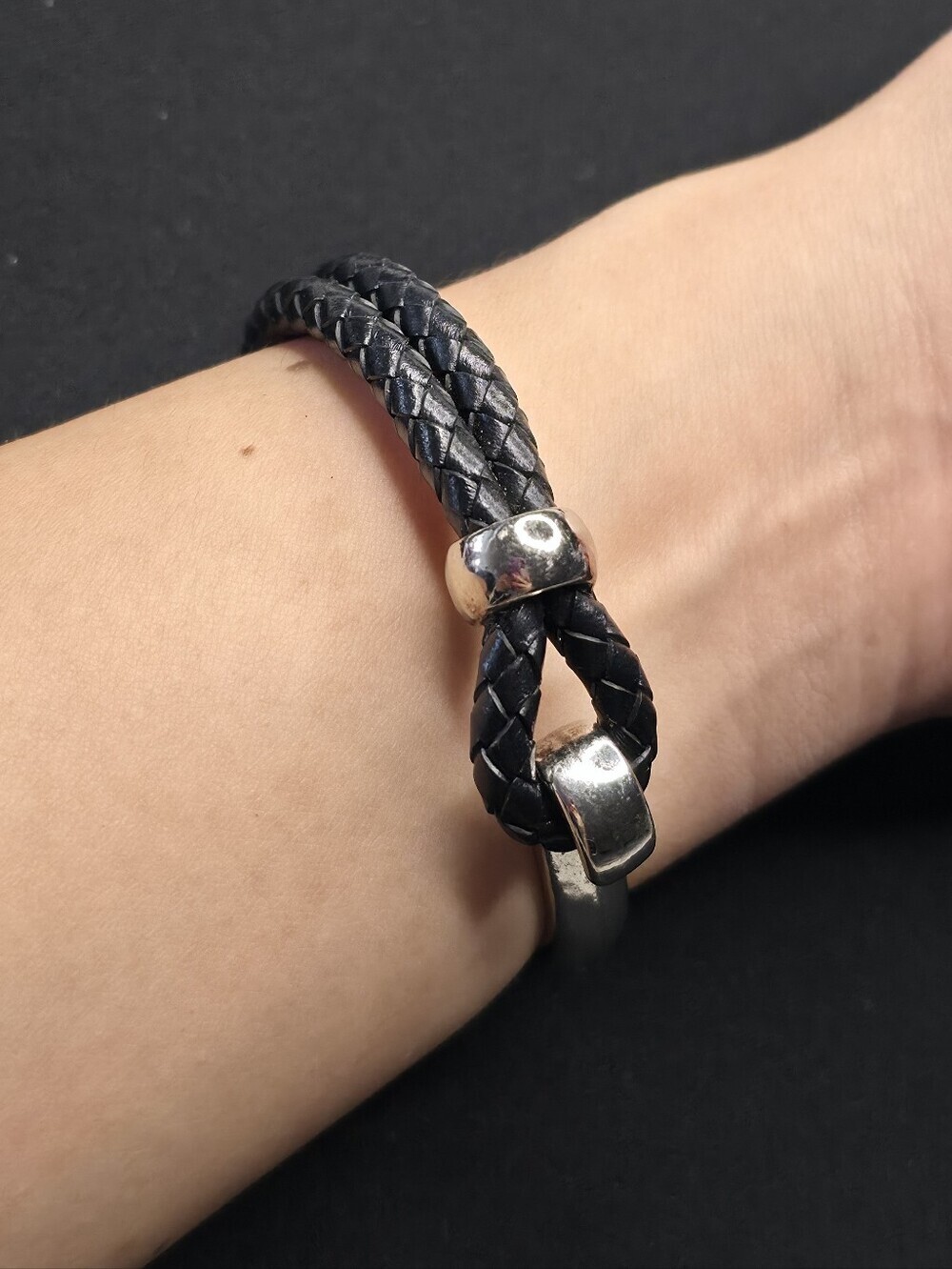 Black Braided Leather Men’s Bracelet with Silver Accent 8"